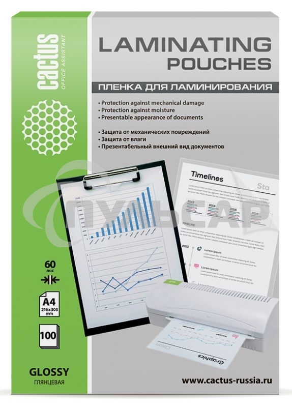 Пленка для ламинирования Cactus 60мкм A4 (100шт) глянцевая 216x303мм CS-LPGA460100
