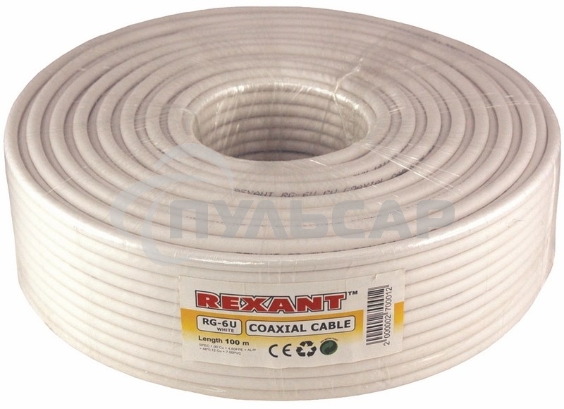 Кабель коаксиальный Rexant RG-6U, 75 Ом, CCS/Al/Al, 64%, бухта 100 м, белый