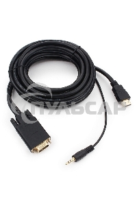 Кабель HDMI->VGA Cablexpert A-HDMI-VGA-03-5M, 19M/15M + 3.5Jack, медь, позол.разъемы, 5м, черный, пакет