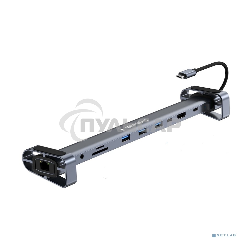 Док-станция Type-C Gembird UHB-D5, 10в1: 3xUSB3.1, Type-C PD87W, Jack 3.5, SD/TF, HDMI, RJ45, Type-C, кабель 14см, алюминий