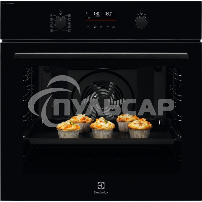 Электрический духовой шкаф Electrolux с конвекцией, приготовление на пару,объем 72 л, утапливаемые переключатели, 10 режимов, автопрограммы, очистка пиролитическая, 3 стекла в дверце, направляющие проволочные + телескопические (1 уровень), термощуп
