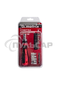 Отвертка реверсивная Matrix с набором бит и насадок торцевых, CrV,1/4