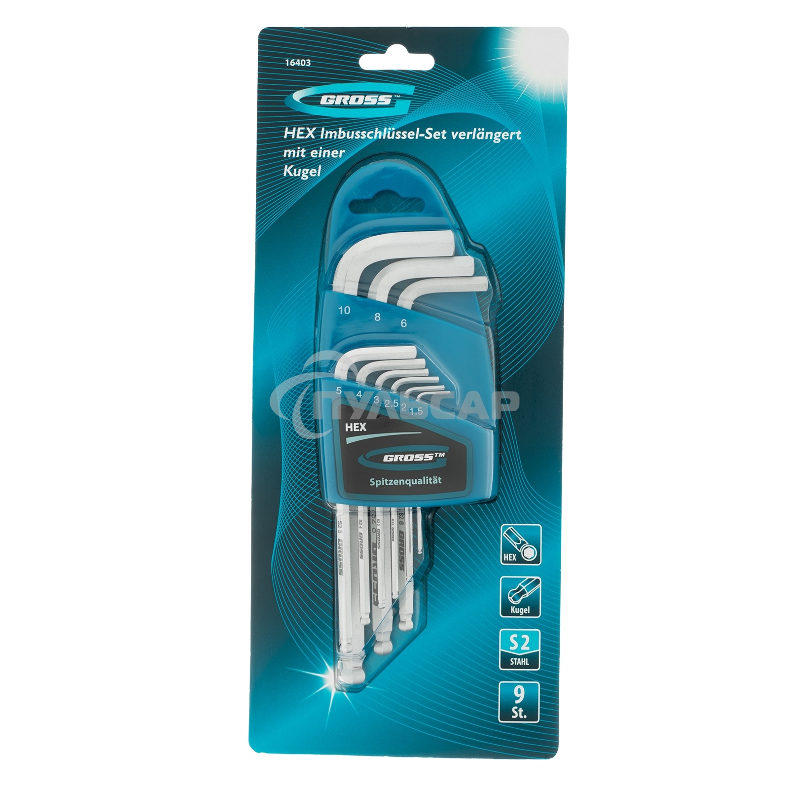 Набор ключей имбусовых GROSS HEX, 1,5–10 мм, S2, 9 шт., удлиненные с шаром, сатинированные Gross 16403