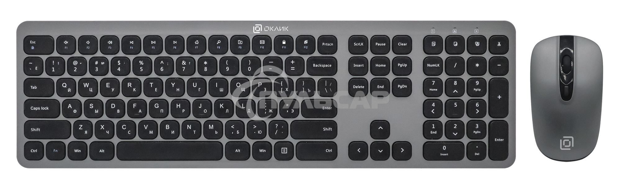 Комплект клавиатура + мышь Оклик 300M клав:серый мышь:серый/черный USB беспроводная slim