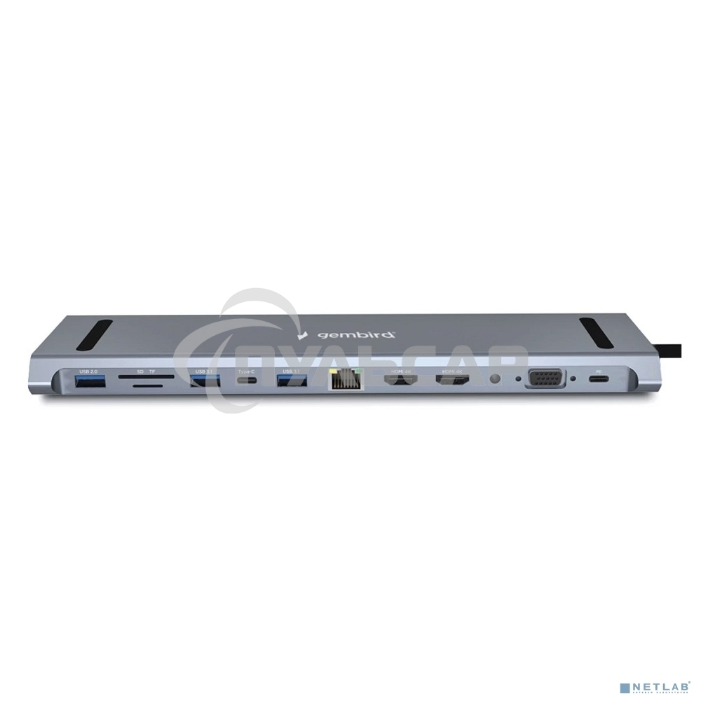 Док-станция Type-C Gembird UHB-D6, 12в1: 2xUSB3.1, USB2.0, RJ45, Type-C PD87W, Jack 3.5, SD/TF, 2xHDMI, VGA, Type-C, кабель 23см, алюминий