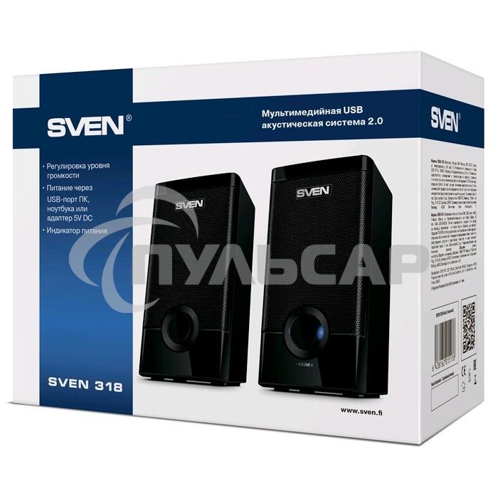 Колонки Sven 318 черный USB-порт ПК, ноутбука или адаптер 5V DC