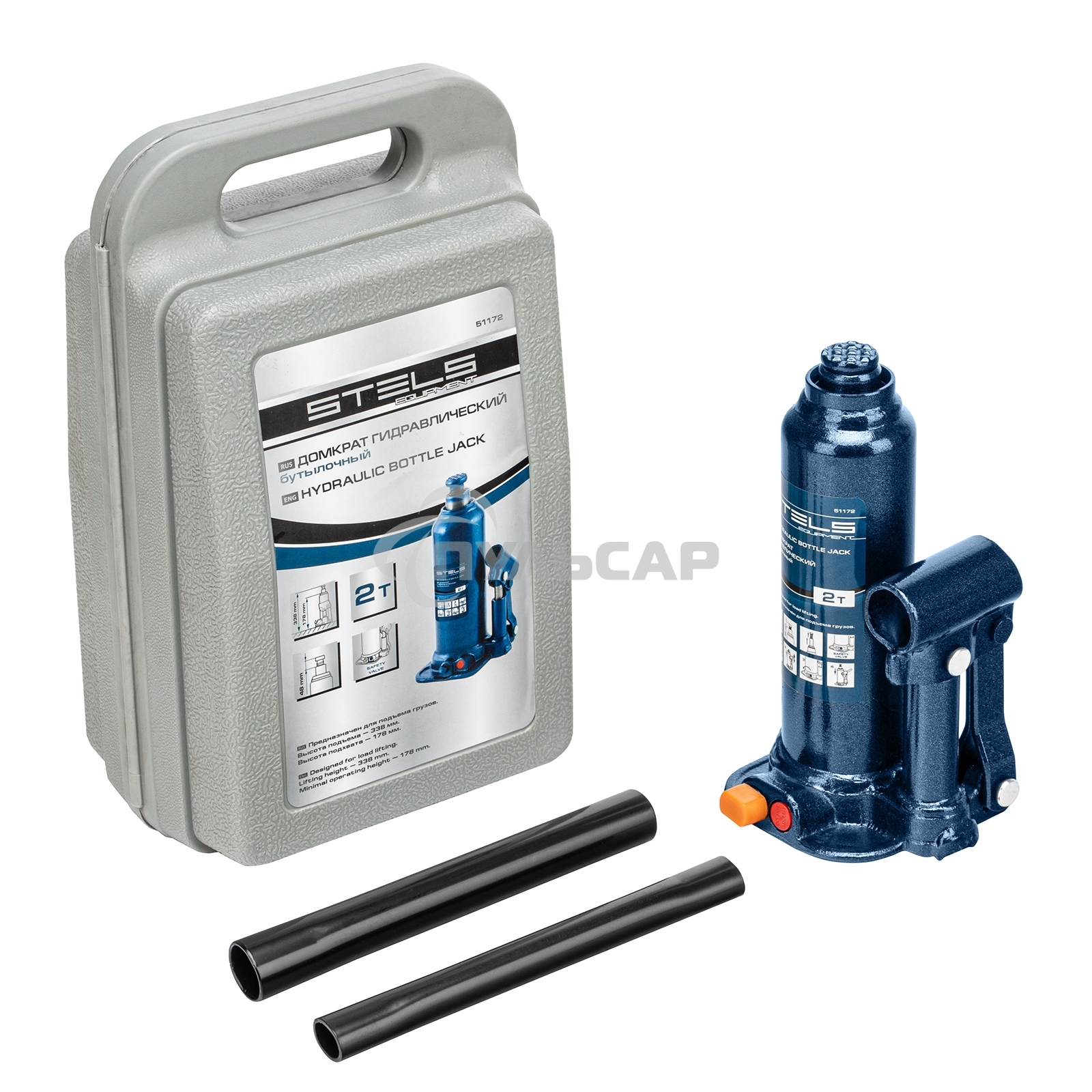 Домкрат гидравлический бутылочный, 2 т, h подъема 178–338 мм, в пласт. кейсе Stels
