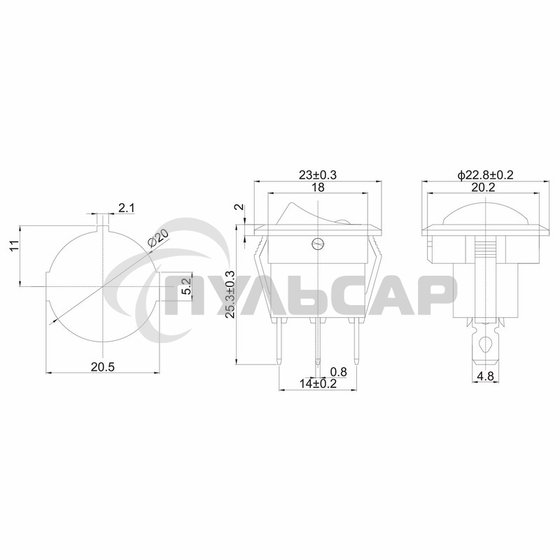 Выключатель клавишный Rexant круглый 12V 16А (3с) ON-OFF черный с красной подсветкой