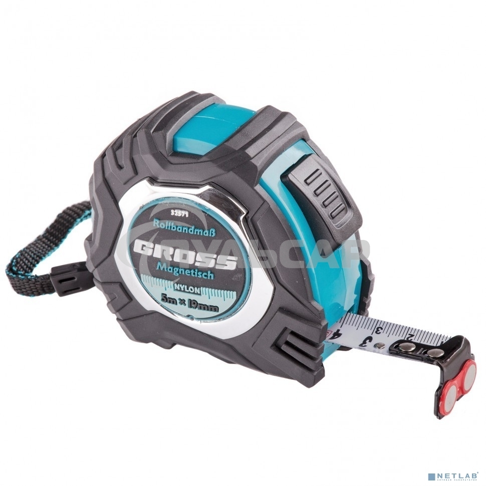 Рулетка Magnetisch, 5м х 19мм, обрезин. корпус,автоматич. фиксация, нейлон. покр.,магн.зацеп Gross