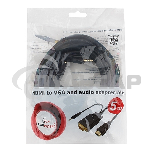 Кабель HDMI->VGA Cablexpert A-HDMI-VGA-03-5M, 19M/15M + 3.5Jack, медь, позол.разъемы, 5м, черный, пакет