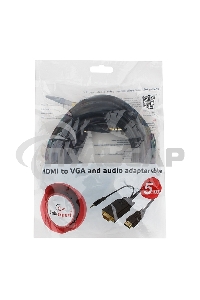 Кабель HDMI->VGA Cablexpert A-HDMI-VGA-03-5M, 19M/15M + 3.5Jack, медь, позол.разъемы, 5м, черный, пакет
