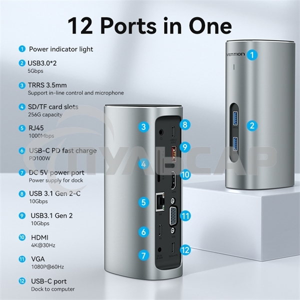 Док-станция Vention USB-C to HDMI/VGA/USB 3.1 Gen 2/USB 3.1 Gen 2-C/USB 3.0x2/RJ45/SD/TF/TRRS 3.5мм/PD/DC Docking Station Gray Vertical Aluminum Alloy Type EU Standard
