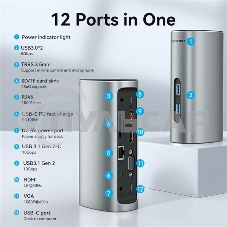 Док-станция Vention USB-C to HDMI/VGA/USB 3.1 Gen 2/USB 3.1 Gen 2-C/USB 3.0x2/RJ45/SD/TF/TRRS 3.5мм/PD/DC Docking Station Gray Vertical Aluminum Alloy Type EU Standard
