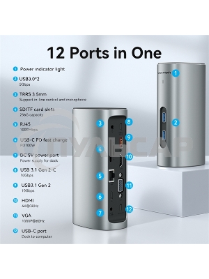 Док-станция Vention USB-C to HDMI/VGA/USB 3.1 Gen 2/USB 3.1 Gen 2-C/USB 3.0x2/RJ45/SD/TF/TRRS 3.5мм/PD/DC Docking Station Gray Vertical Aluminum Alloy Type EU Standard