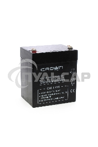 Батарея CROWN CBT-12-4.5, напряжение 12В, емкость4,5 А/Ч, размеры (мм)90х70х101, вес 1,48 кг, тип клеммы - F2, тип АКБ - свинцово кислотная с загущеным электролитом в гель, срок службы 6 лет