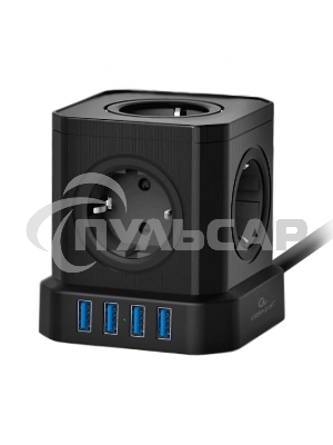 Сетевой фильтр Cablexpert Tower, TWR-5-U4-B-2, 5р, 10А, 4хUSB, 3.1А, 2м, ур.защиты 4+, черный, коробка