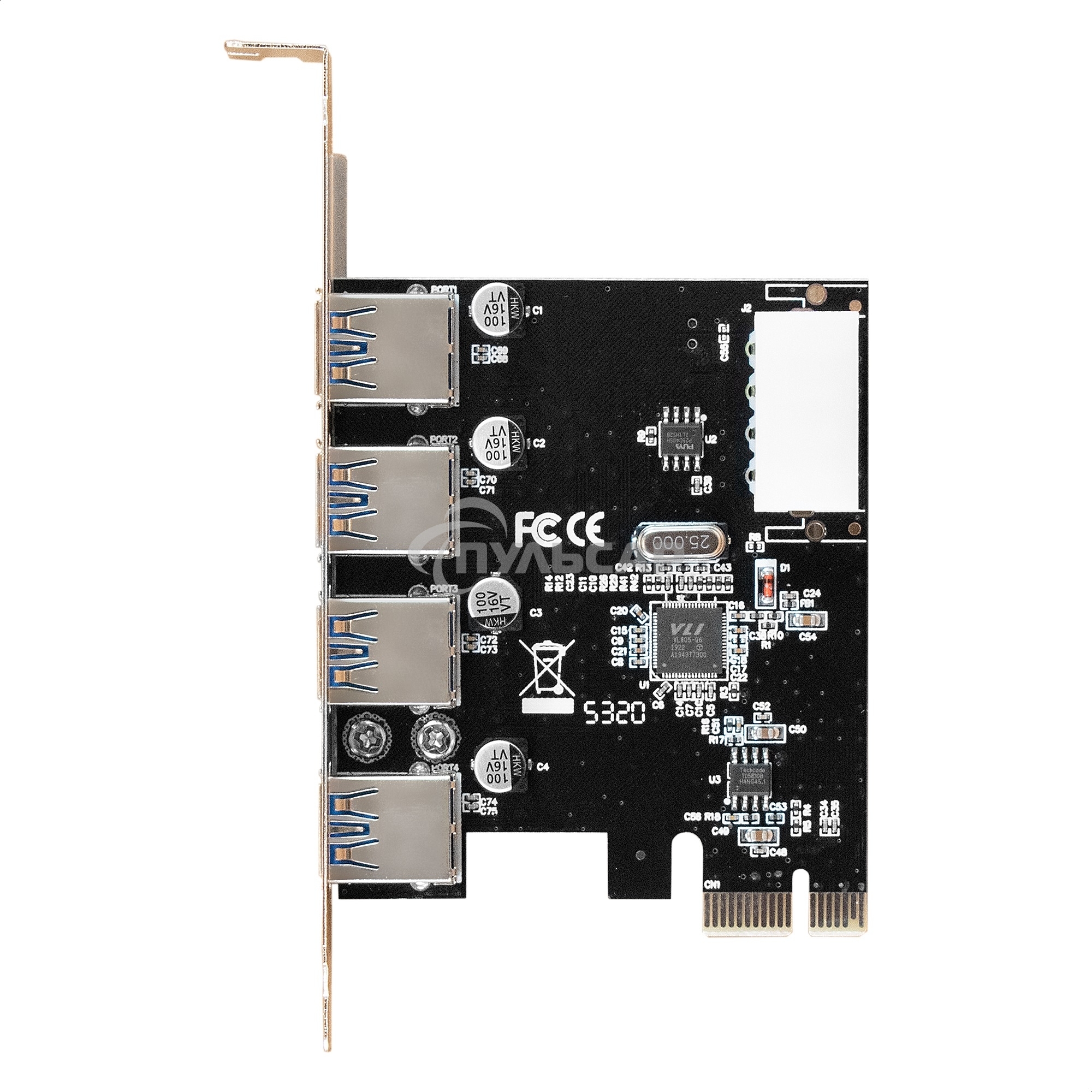 Контроллер ExeGate EXE-314 v2.0 (PCI-E x1 v2.0, 4*USB 3.0 ext., разъем доп.питания Molex, VIA Labs Chipset VL805)