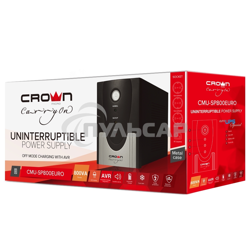 Источник бесперебойного питания CROWN ИБП CMU-SP800EURO 800VA, металл,1x12V/9AH, розетки 3*EURO+1*IEC bybas CM000001492