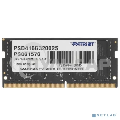Оперативная память Patriot Signature, DDR4, 16Gb (1x16 Gb), 3200 MHz, CL22, SO-DIMM