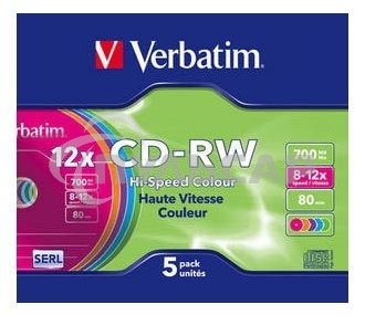 Диск CD-RW Verbatim 700Mb 12x Slim case (5шт) Color (43167)