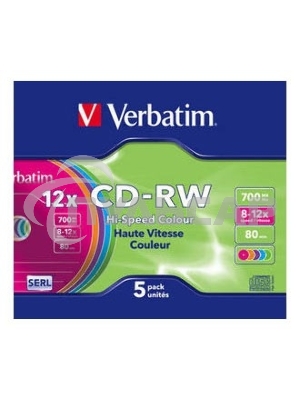 Диск CD-RW Verbatim 700Mb 12x Slim case (5шт) Color (43167)