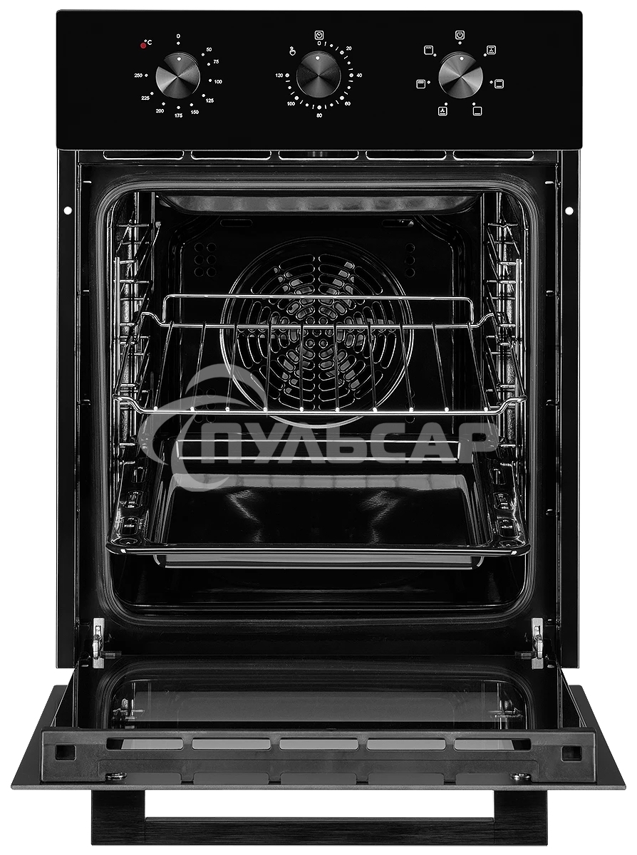 Встраиваемый духовой шкаф Monsher MOE 4563 Noir, электрический, High-Tech, объем 50 л, конвекция, гриль, 3 стекла в дверце, съемные стекла, съемная дверца, телескопические направляющие, черный