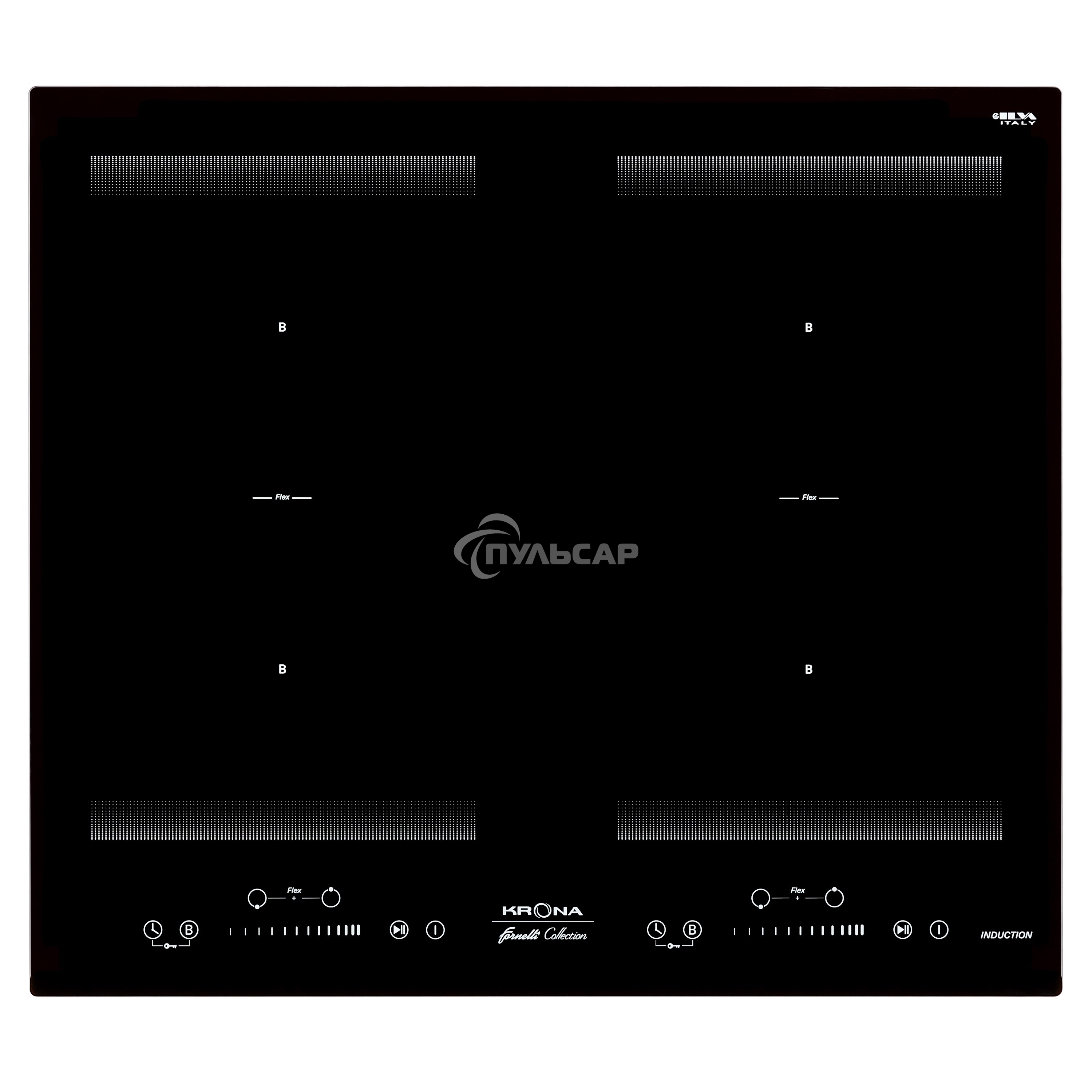 Индукционная варочная панель Krona ETERNO 60 BL черный;Материалы:Металл/стекло;Панель конфорок:стеклокерамика;Тип поверхности:индукционная;Расположение управления:спереди;Управление:сенсорное (слайдерное);Количество конфорок:4;Количество режимов нагрева:9