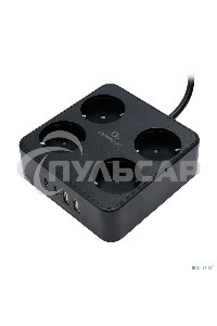 Сетевой фильтр Cablexpert Plate, PLT-4-C2U2-B-3, 4р, 10А, 2xType-C PD, 20Вт, 2xUSB, 2.4A, 3м, ур.защиты 4+, черный, коробка