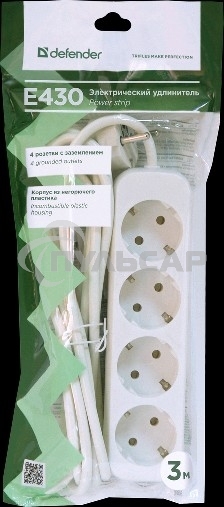Удлинитель Defender E430 белый 3.0 м, 4 розетки 