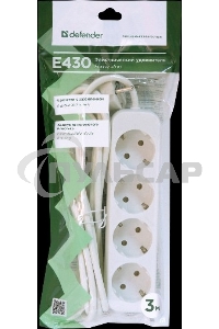 Удлинитель Defender E430 белый 3.0 м, 4 розетки 