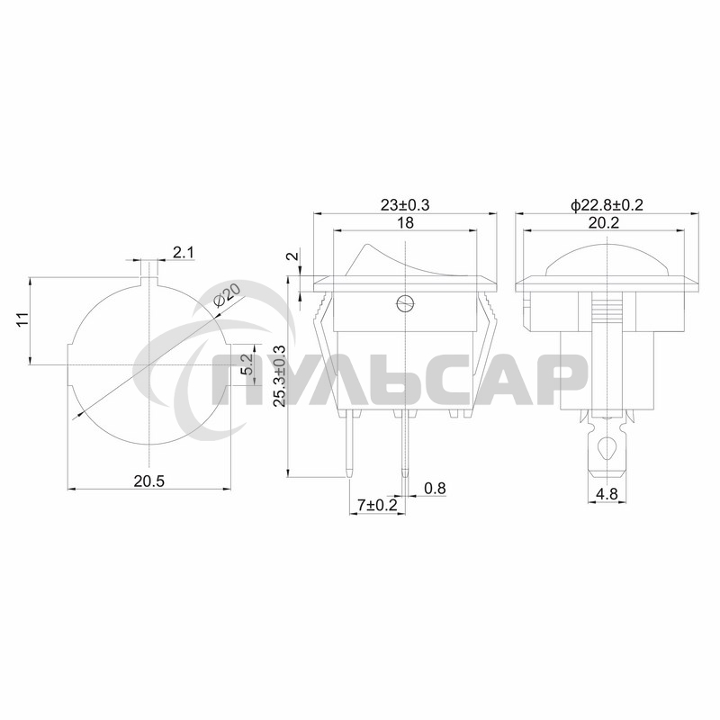 Выключатель клавишный Rexant круглый 250V 6А (2с) ON-OFF черный