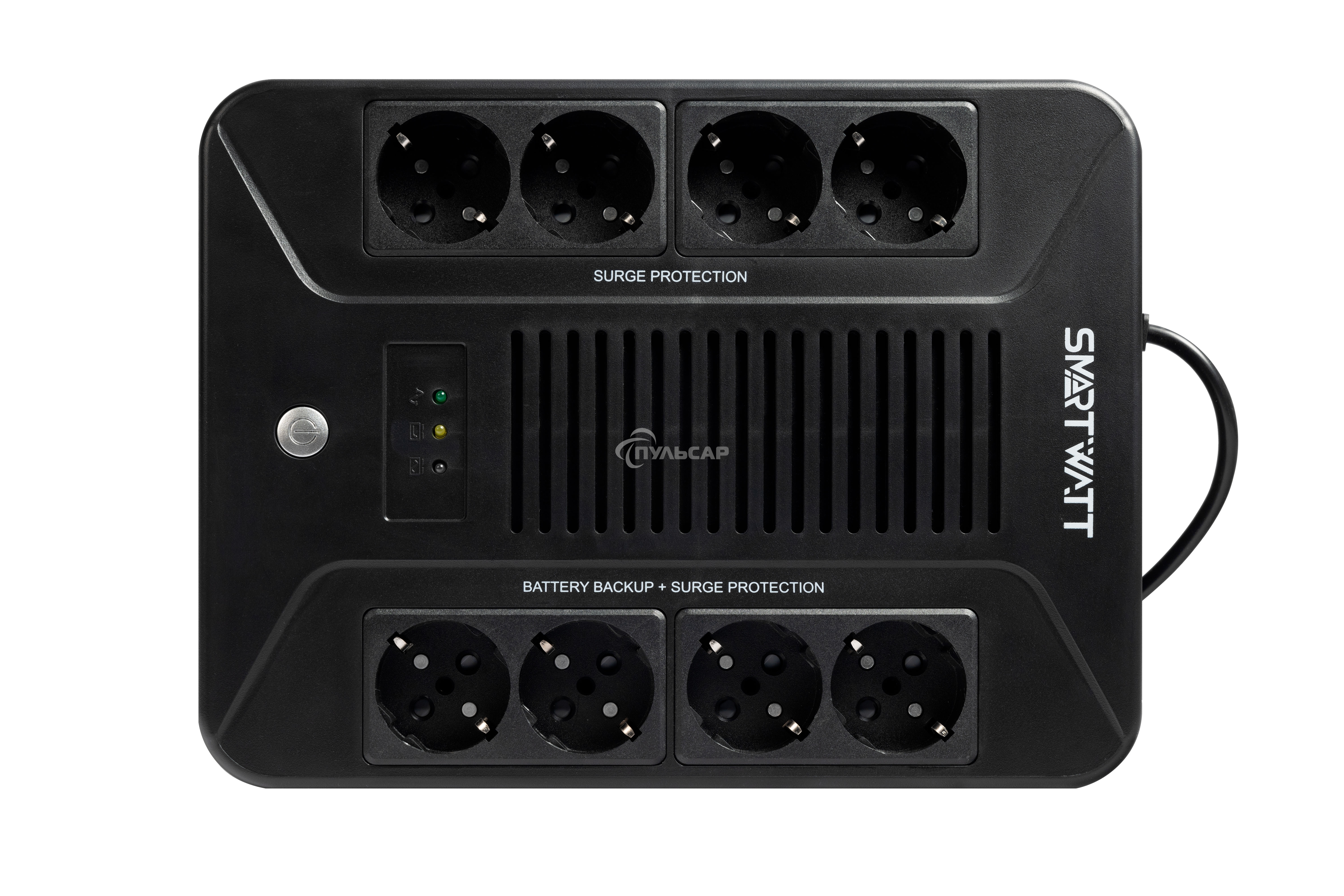 Источник бесперебойного питания SMARTWATT UPS SAFE PRO 800, 800/480 ВА/Вт, напольный/настенный, линейно-интерактивный, LED индикация, Shuko CEE7/4 - 8 шт. (4 шт. с резервным питанием, 4 шт. - сетевой фильтр)