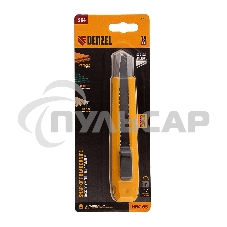 Нож, 18 мм, сменное лезвие, SK4, метал. направляющая, клипса, нажимной фиксатор Denzel