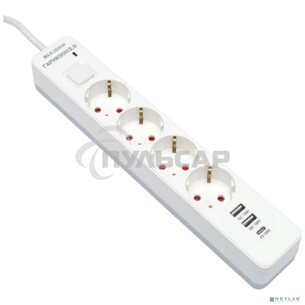 Сетевой фильтр Гарнизон EPS-OP-4-CU2-W-2 2.0 Мультипорт 4р, 10А, 1xType-C PD, 2 х USB QC, 4м, ур.защиты 4+, белый, пак(21449)