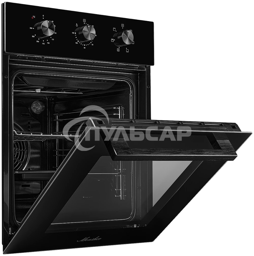 Встраиваемый духовой шкаф Monsher MOE 4563 Noir, электрический, High-Tech, объем 50 л, конвекция, гриль, 3 стекла в дверце, съемные стекла, съемная дверца, телескопические направляющие, черный