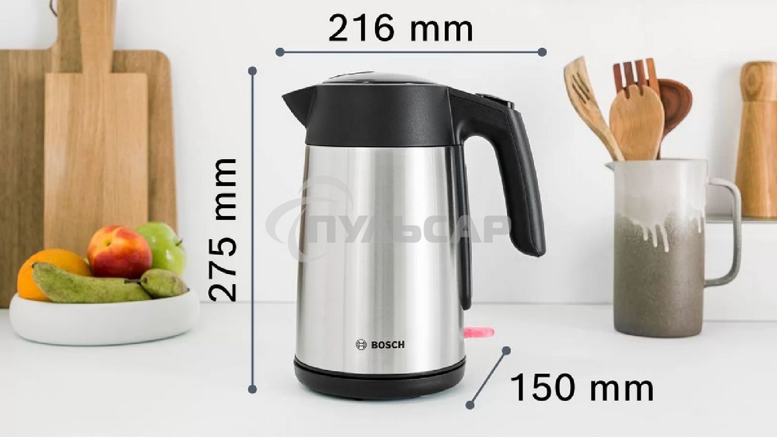 Чайник электрический Bosch TWK7L460, 1,7л, 2400 Вт., нерж.сталь, шкала уровня воды
