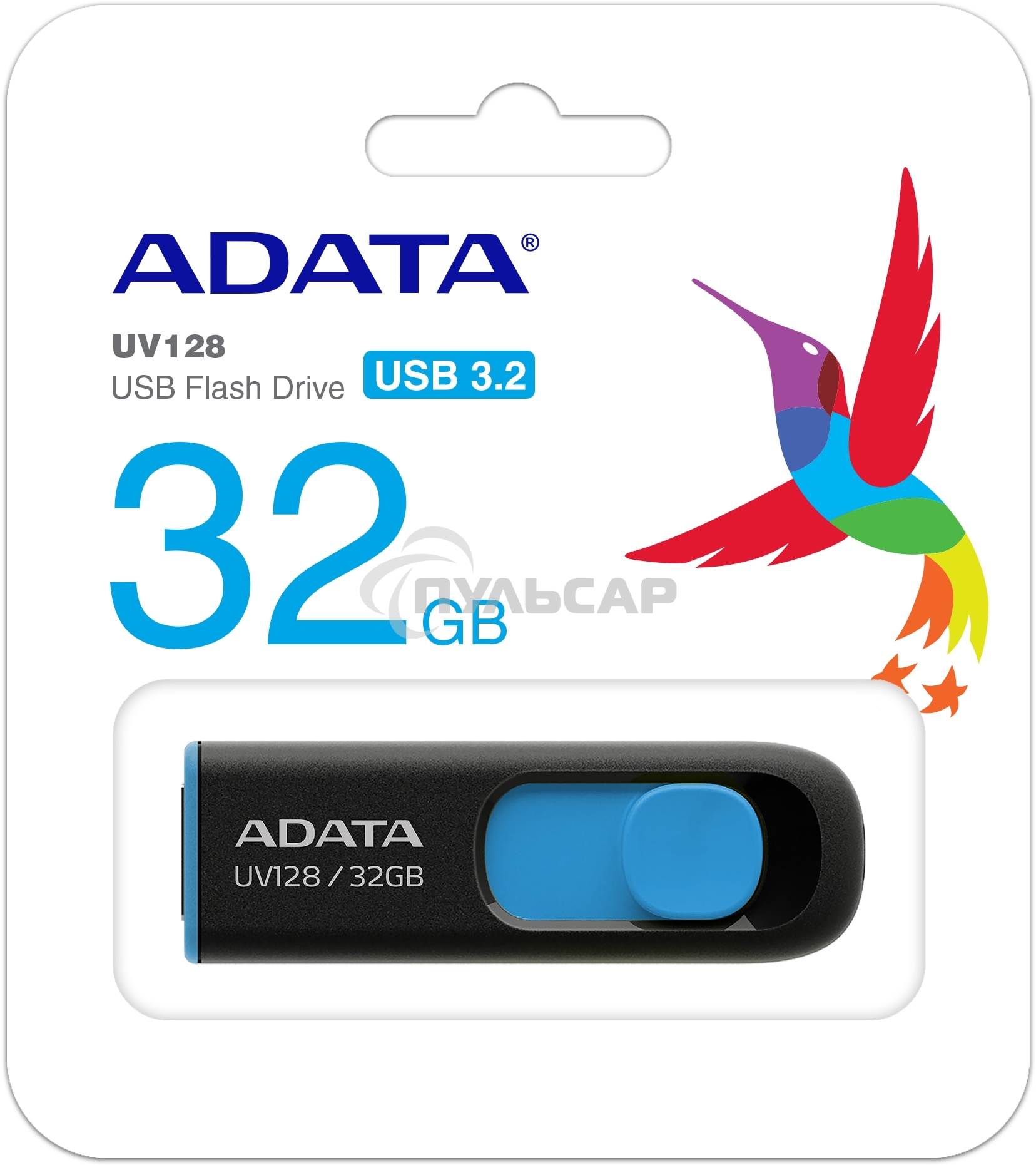 Флешка USB ADATA UV128 (AUV128-32G-RBE), 32 Gb, USB 3.0, R/W 100/30, черный/синий