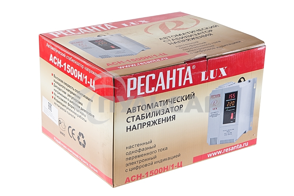 Стабилизаторы напряжения Ресанта АСН-1 500 Н/1-Ц 63/6/20 Стабилизатор Lux 220В±8%, Габариты 206х133х230, Вес 4,5кг