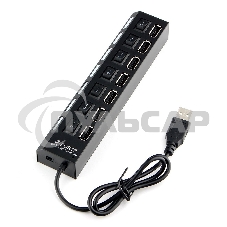 Разветвитель USB2.0 Gembird UHB-U2P7-01, 7хUSB, с доп. питанием, подсветка и выключатели, кабель USB 55см, черный, коробка