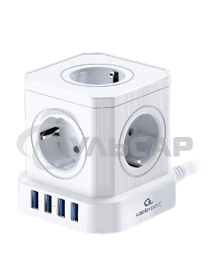 Сетевой фильтр Cablexpert Tower 5р, TWR-5-U4-W-3, 10А, 4хUSB, 3.1А, 3м, ур.защиты 4+, белый, коробка