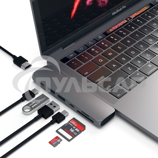USB-хаб Satechi Aluminum Pro Hub для Macbook Pro (USB-C). Порты: HDMI, Thunderbolt 3, USB Type-C, SD, microSD, 2 x USB 3.0. серый космос.
