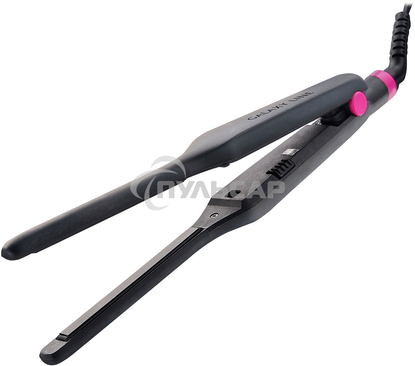 Щипцы для волос Galaxy Line GL 4522, черный, 30 Вт, керамическое покрытие рабочей поверхности, размер пластин 100х9 мм, нагревательный элемент с защитой от перегрева, температура 180°С, индикатор работы, петля для подвешивания, длина шнура 1,7