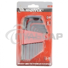 Набор ключей Matrix имбусовых HEX, 1,5–10 мм, CrV, 9 шт.