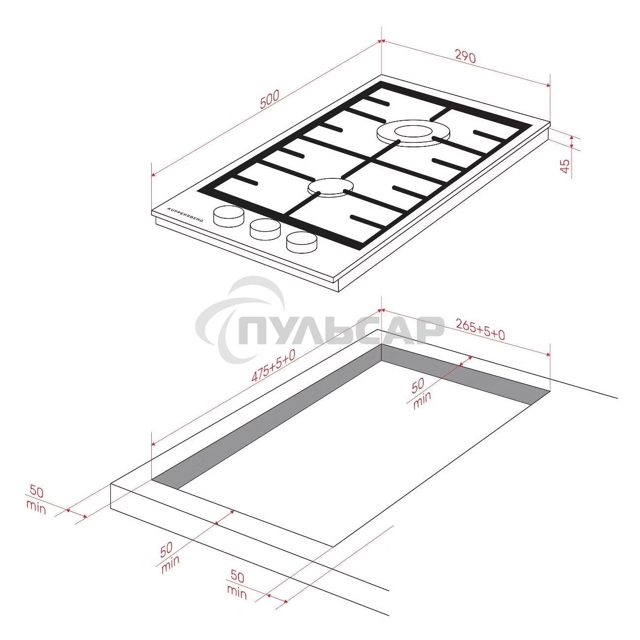 Газовая варочная панель Kuppersberg FS 36 X, газ, High-Tech, 29 см, автоматический электроподжиг, газ-контроль, форсунки под сжиженый газ, SABAF конфорки, чугунные решетки, цвет нержавеющая сталь, цвет фурнитуры черный