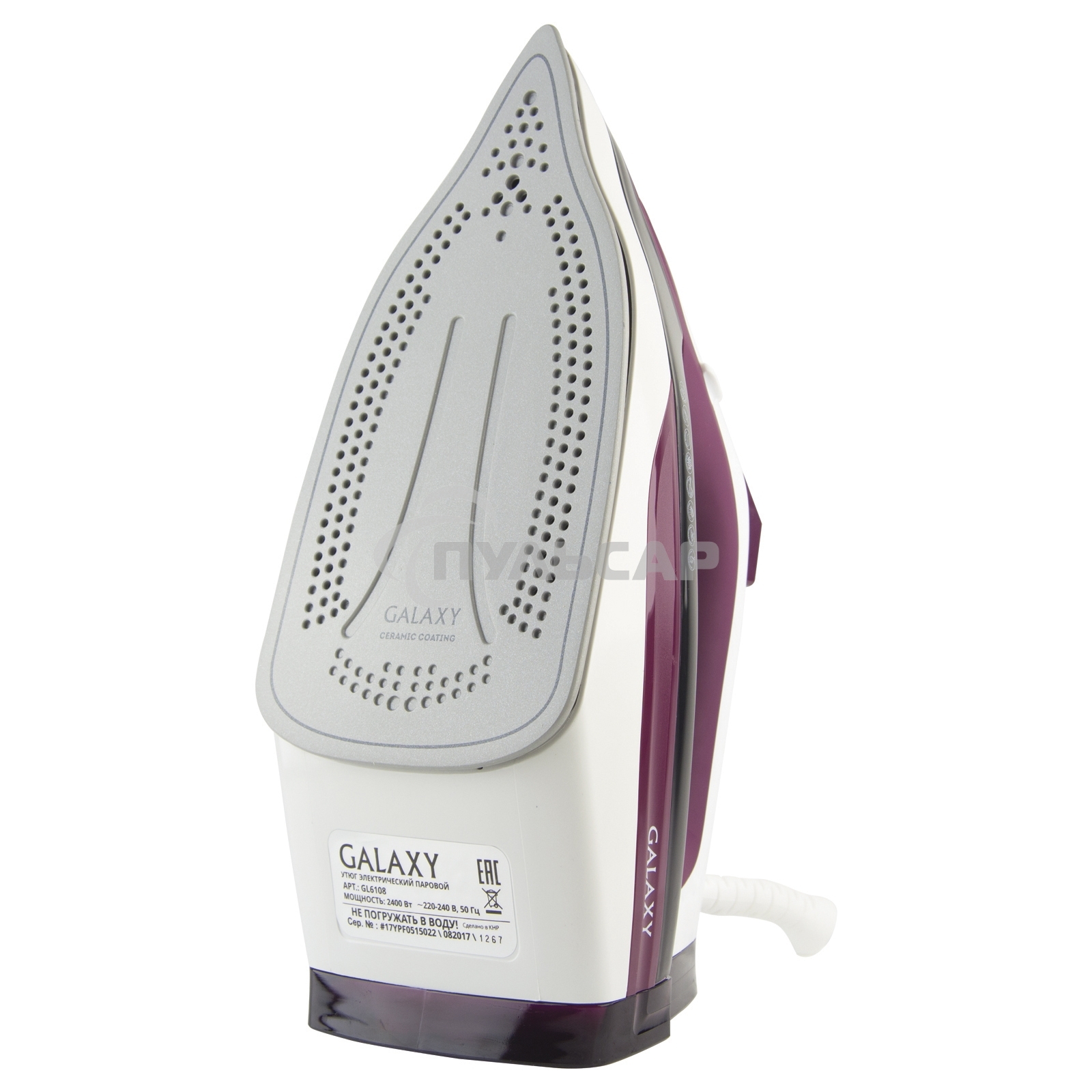 Утюг Galaxy Line GL 6108, бордовый с белым, паровой, 2400 Вт, постоянный пар 50 г/мин, паровой удар 230 г/мин, функции: автоотключение, самоочистка, антикапля, антинакипь, вертикальное отпаривание, индикатор автоотключения, индикатор нагрева, функция увла