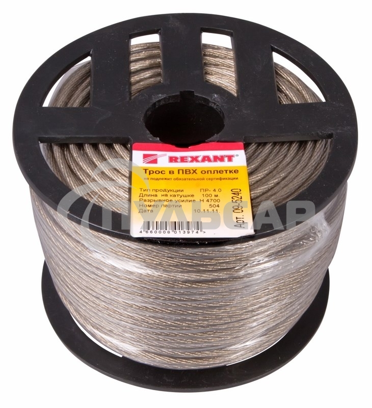 Трос стальной Rexant в ПВХ изоляции d=4.0 мм, катушка 100 метров 09-5240