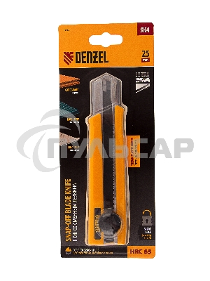 Нож, 25 мм, сменное лезвие, SK4, корпус из TPR, метал. направляющая, винтовой фиксатор Denzel