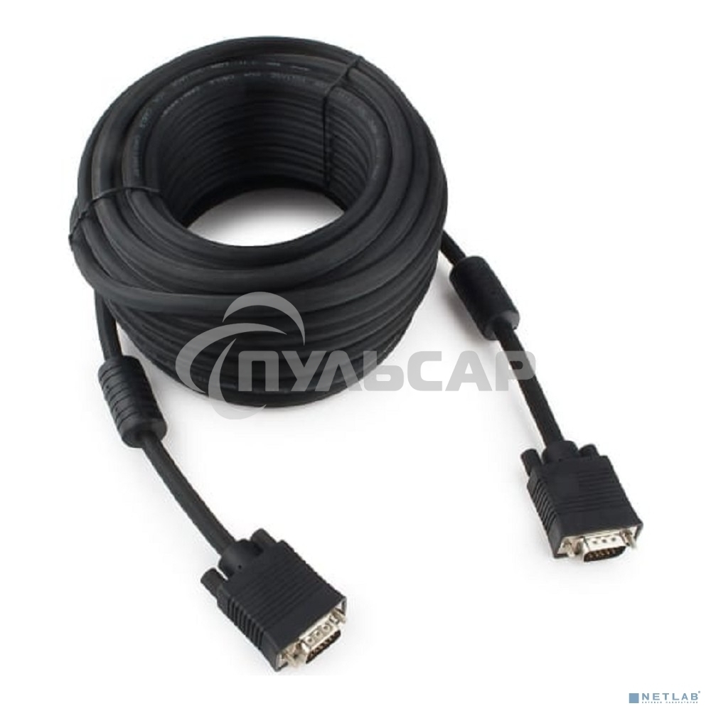 Кабель VGA Premium Cablexpert CC-PPVGA-15M-B, 15M/15M, 15м, черный, тройной экран, феррит.кольца, пакет