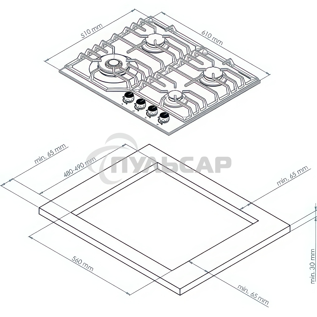 Газовая варочная панель Kuppersberg FS 610 C Bronze, газ, Classic, 61 см, автоматический электроподжиг, газ-контроль, SABAF конфорки, чугунные решетки, цвет бежевый, цвет фурнитуры бронзовый