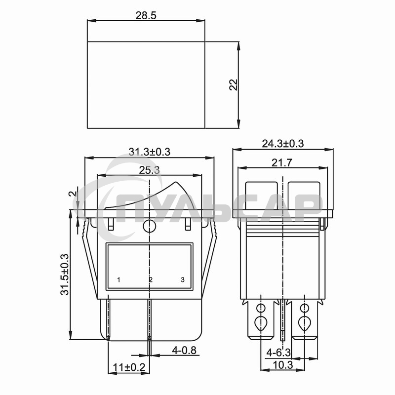 Выключатель клавишный Rexant 250V 15А (6с) ON-OFF синий с подсветкой ДВОЙНОЙ